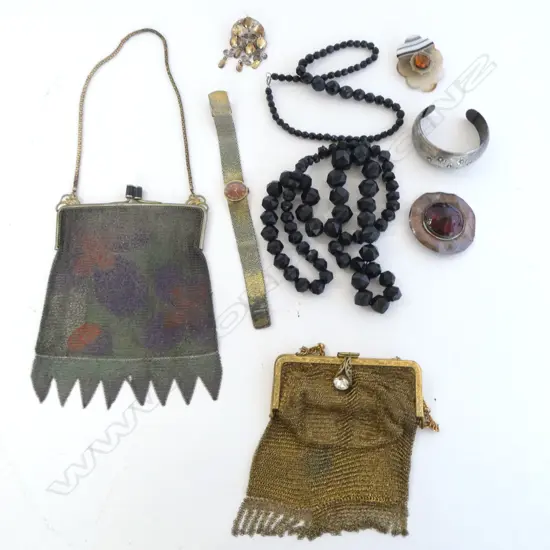 VINTAGE ITEMS; 2 MESH BAGS, 2 CUT JET NECKLACES, 3 BROOCHES & SILVER CUFF + TISSO WATCH