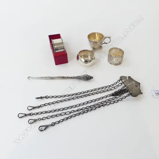6 PCES SILVER; 4 102grms + BUTTON HOOK & CHATELAINE