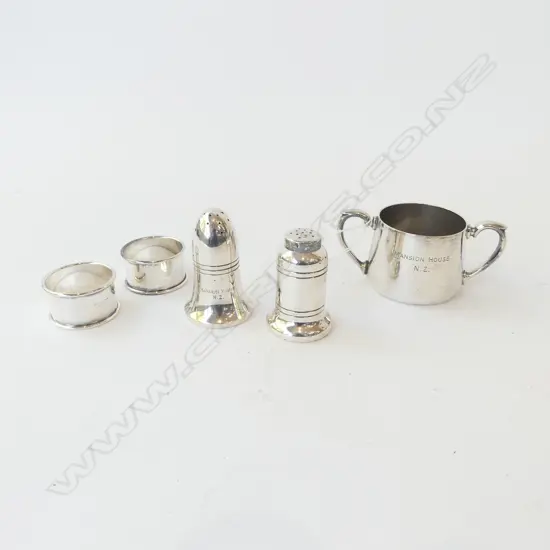 5 PCES MANSION HOUSE EP; 2 NAPKIN RINGS, 2 CONDIMENTS, SUGAR BOWL