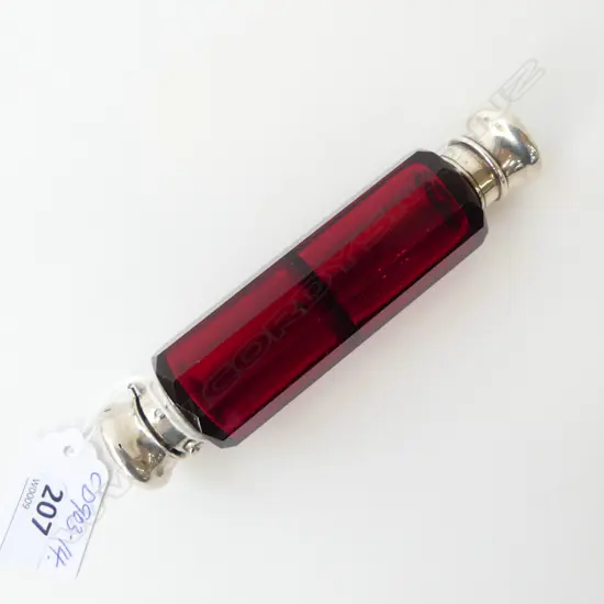 VICTORIAN RUBY GLASS & SILVER DBLE ENDED SCENT BOTTLE facetted unmarked L.125mm