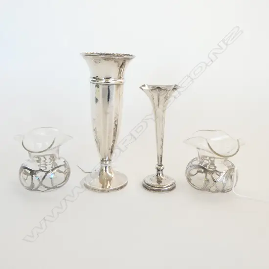 2 S/SILVER WEIGHTED SPECIMAN VASES H140 & 100MM WITH PR SILVER OVERLAY SMALL VASES H60MM
