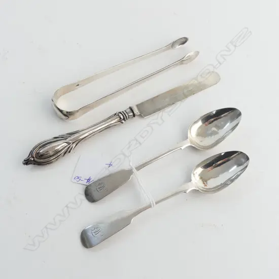 PR SILVER FIDDLE PATTERN TEASPOONS, GLASGOW 1854, TABLE KNIFE, BIRM.1865 & PR EARLY SUGAR TONGS 114gm
