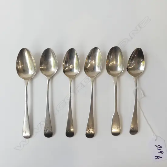 6 REGENCY SILVER TEASPOONS, LONDON 1804-1827  8.2gm (1 marks worn away)