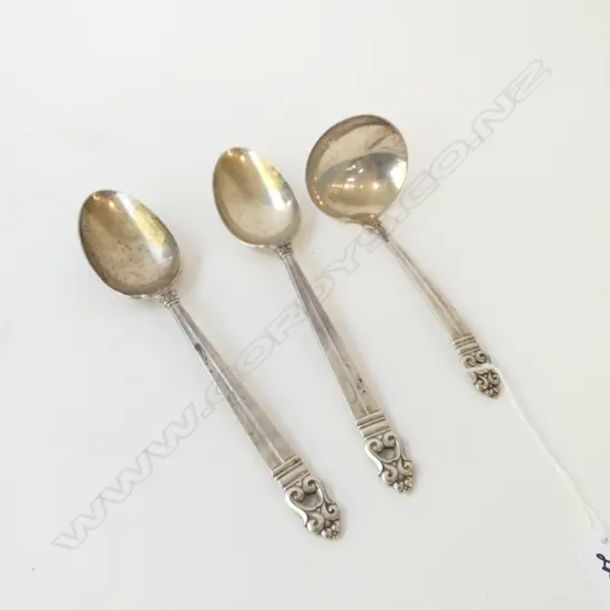 3 PCES ROYAL DANISH STERLING SILVER CUTLERY; PR SPOONS + LADLE, 216grms