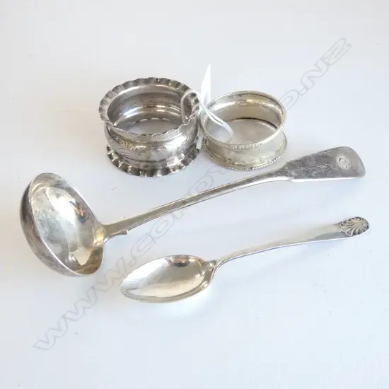 SCOTTISH SILVER SAUCE LADLE Glasgow 1821 + SPOON + 2 NAPKIN RINGS 77gms