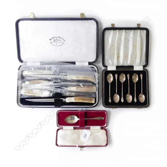 3 CASES CUTLERY; 6 STG TEAPSOONS + 1 SINGLE 56grms + 6 STEAK KNIVES
