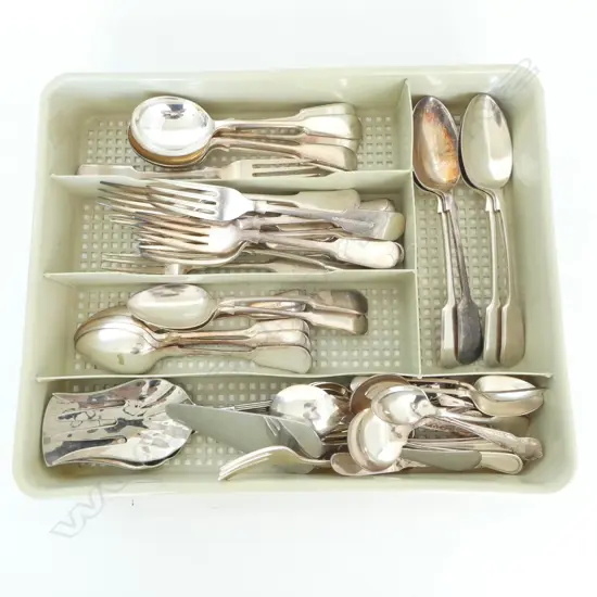 ASST. SILVER PLATE CUTLERY; COMPRISING MOSTLY ASHBERRY FIDDLE PATTERN, 50 pces