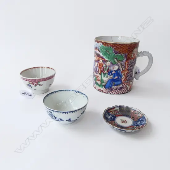 LRG CHINESE MUG, 2 PORCELAIN TEACUPS & SML DISH (mug has lrg crack & handle replaced)