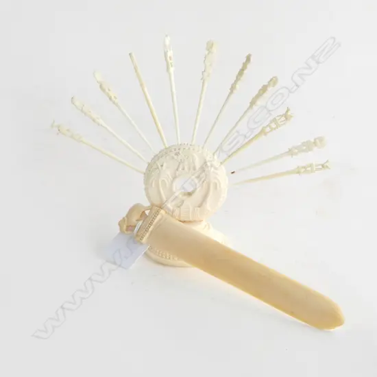 CARVED IVORY COCKTAIL SKEWER HOLDER AND PAPER KNIFE
