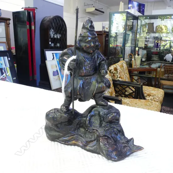 JAPANESE BRONZE FISHERMAN, STAMPED SIGNATURE H155mm