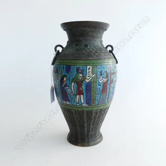 BRONZE VASE w. EGYPTIAN STYLE ENAMEL H.245mm