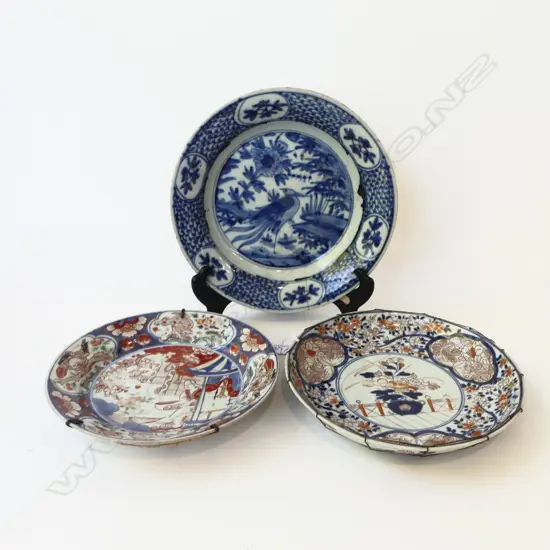 3 ORIENTAL PLATES, HAIRLINES 280mm dia