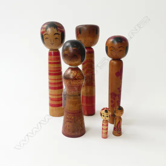 6 VINTAGE 1950s JAPANESE KOKESHI DOLLS inclds 2 miniture, 4 TALL DOLLS SIGNED on BASE