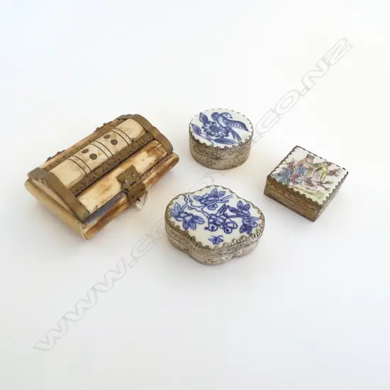 3 ORIENTAL B/W & METAL TRINKET BOXES + BONE BOX