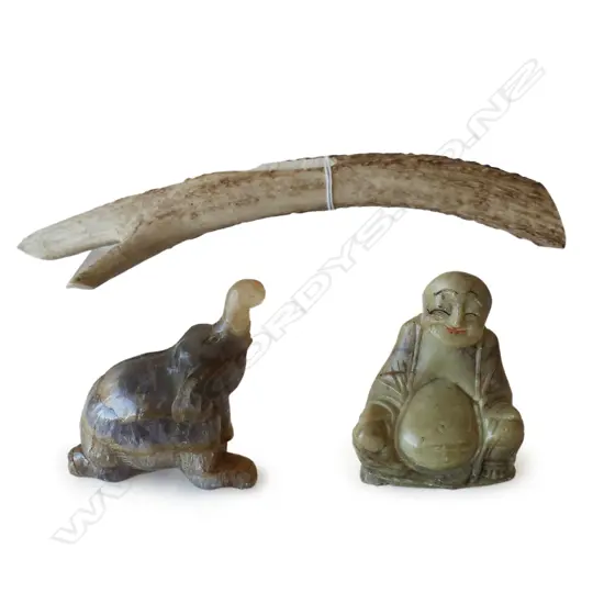 3 PCS: PART-ANTLER (L.235mm); QUARTZ ELEPHANT & SOAPSTONE BUDDHA, H.70 & 75mm