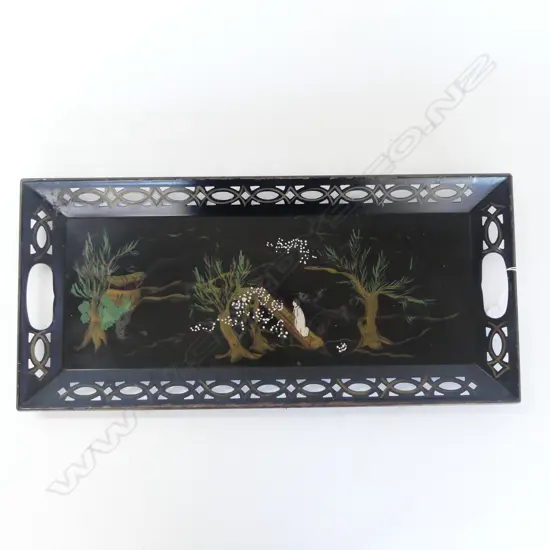 VINTAGE TIN TOLEWARE CHINOISERE PAINTED 2 HANDLED DRINKS TRAY L560MM