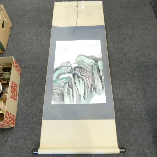 HANDPAINTED CHINESE HANGING SCROLL, LANDSCAPE, SIGNED, BOXED, 440 x 665mm