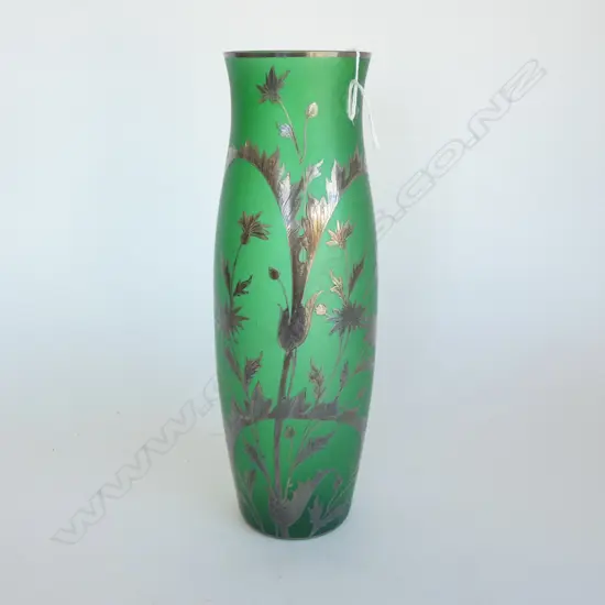 EARLY 20thC GREEN GLASS SILVER OVERLAY TALL VASE H.325mm