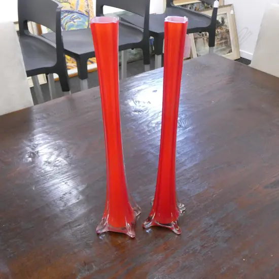 PAIR MID CENTURY TALL RED GLASS VASES, H.400MM