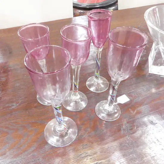 SET 5 PETER VISNEK ART GLASS GOBLET GLASSES 2 signed & dated '87 tallest 240mm