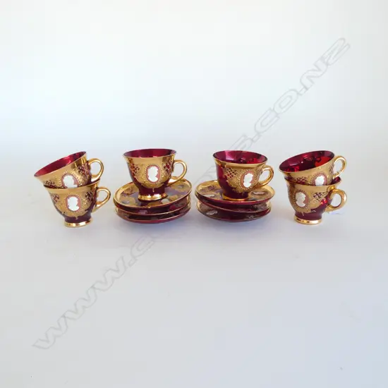 6 BOHEMIAN  RUBY GLASS C/SAUCERS  CAMEO  PORTRAITS 