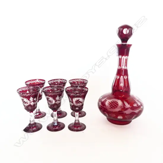 OLD BOHEMIAN ENGRAVED RUBY FLASHED DECANTER  6 STEMMED WINE GLASS SET 