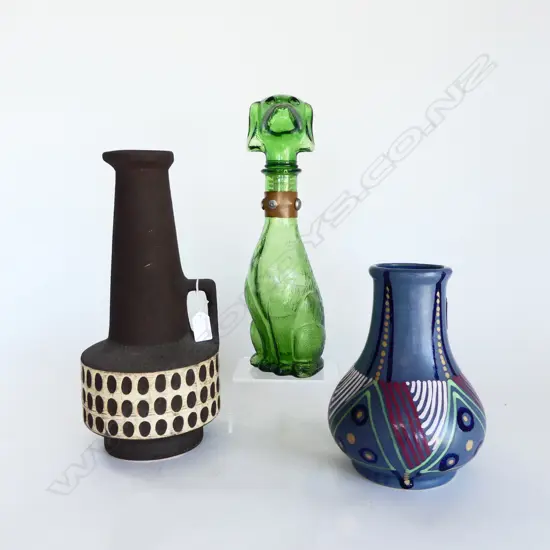 2 EUROPEAN MID CENTURY VASES & EMPOLI ITALIAN GLASS DOG GENIE BOTTLE