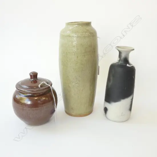 3 PCS NZ STUDIO POTTERY  2 VASES H280 &220MM LIDDED JAR H150MM