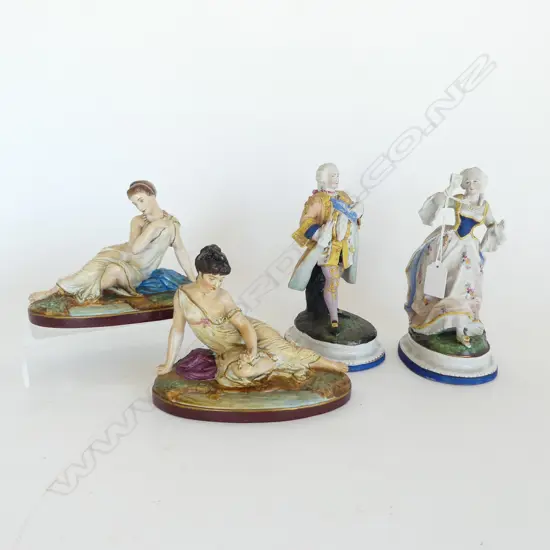 2 PRS PORCELAIN FIGURES; L&M RECLINING WOMEN refinished + 18thC COUPLE H.210mm