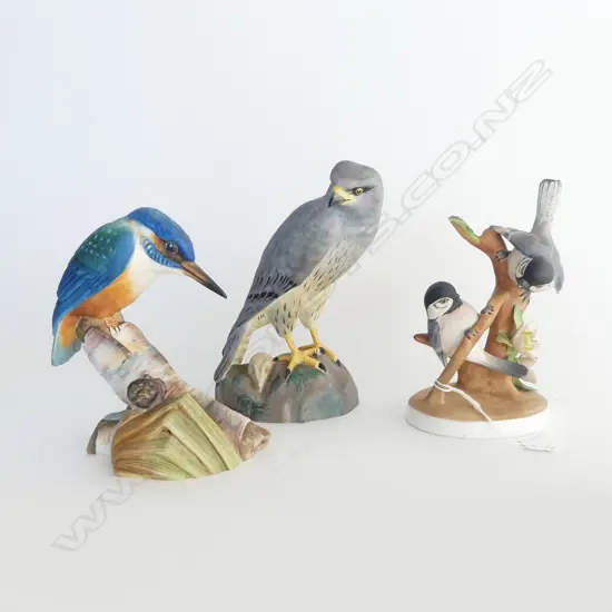 3 PORCELAIN BIRDS; SPODE HARRIER H.180mm, ASHMOR KINGFISHER, CROWN STAFFORDSHIRE 'CHICKADEE' leaf chipped 