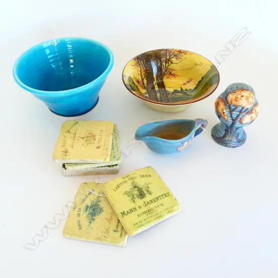 TONY SLY BOWL, H.100mm, R/DOULTON WOODLAND BOWL, 2 PC CARLTONWARE (crack) &  6 STONE WINE COASTERS w French wine labels,