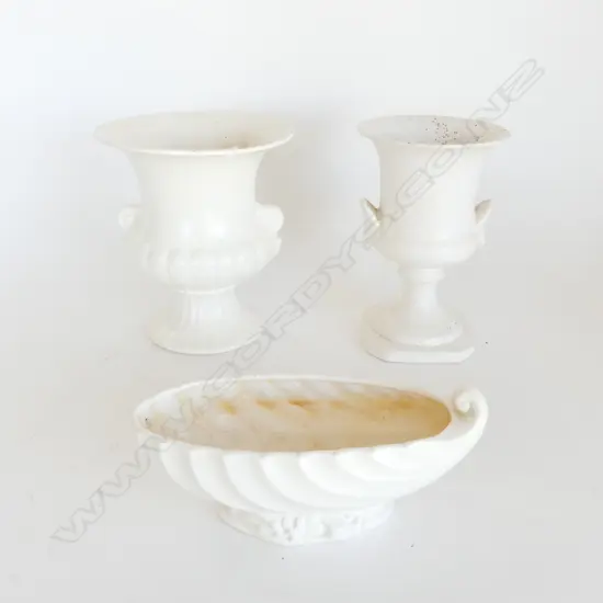 3 WHITE CROWN LYNN VASES largest w. hairlines H.200mm