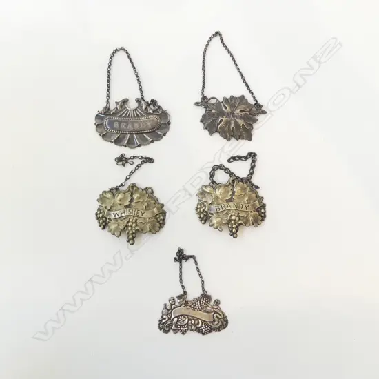 5  ANTIQUE SILVER PLATE SPIRIT & WINE BOTTLE TICKETS: Whiskey Brandy x2. Gin. Claret