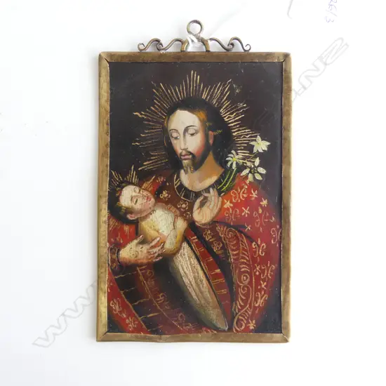 VINTAGE PERUVIAN OIL ON TIN JOSEPH & BABY JESUS 160x95mm