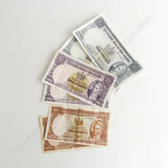 6 NZ BANK NOTES; 2 FLEMING £1 & £5 + 2 HANNA 10/-