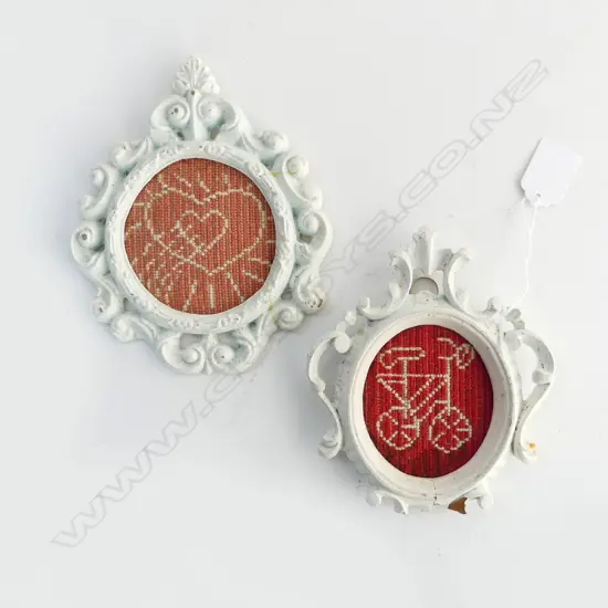 2 SMALL MALCOLM HARRISON STICHED ARTWORKS 'SCHOOLDAYS' series 'Accident' & First Love' frames with some faults H.175mm