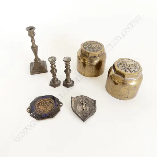 2 EARLY 20thC FORD HUBCAPS, 2 TOKENS (1 ST. CHRISTOPHER), 3 MINIATURE CANDLESTICKS H.85mm
