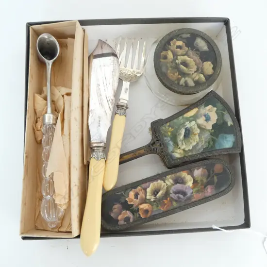 SILVER PLATE IVORINE 'BONE' 3 PCE SET, 3 PCE DRESSING TABLE SET & OTHER