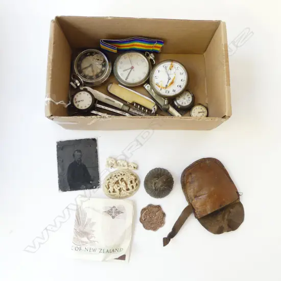 BOX POCKET & WRIST WATCHES + IVORY CARVED PLAQUE + POCKET KNIVES ETC