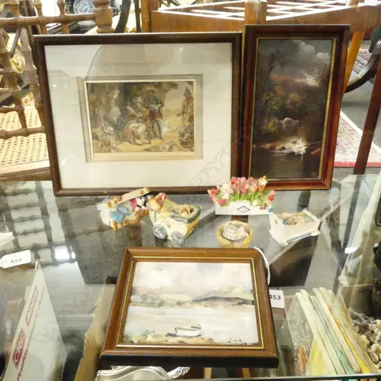 3 SMALL ARTWORKS INCL. PERRETT, 5 CAT ORNAMENTS