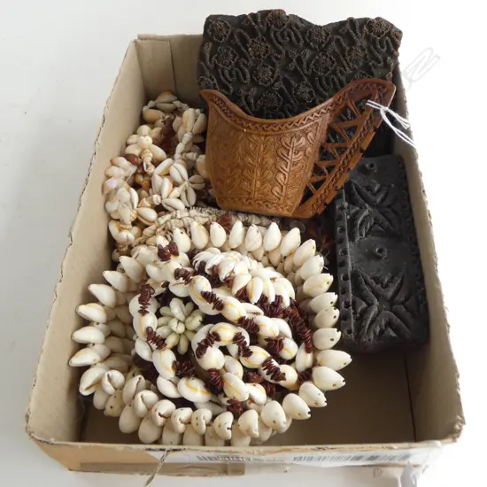 ITEMS INCL; NORWEGIAN CARVED JUG H.100mm, 2 WOODEN BATIK STAMPS, HAWAIIAN SHELL NECKLACES & SML SHELL BOWL