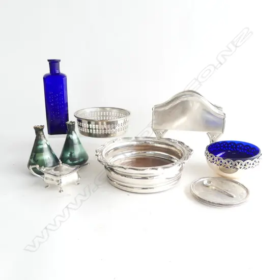 ASST. SILVER PLATE, BLUE GLASS BOTTLE & 2 SML. BAYREUTH (FAULTS)