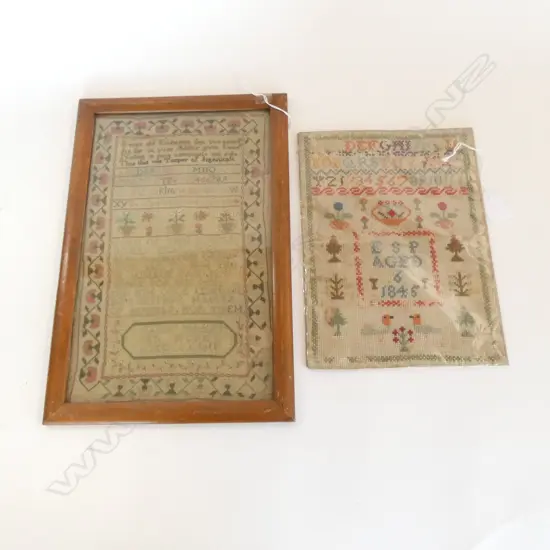 2 ANTIQUE SAMPLERS 1FRAMED L330MMW210MM & UNFRAMED L270 W200MM
