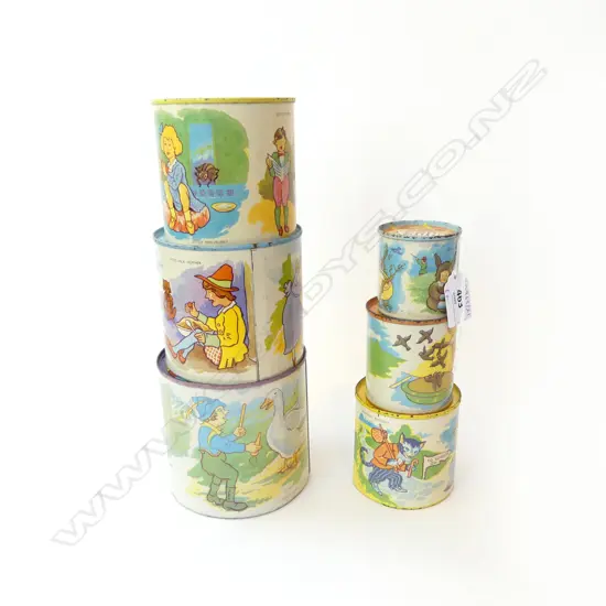 SET OF 6 VINTAGE TINPLATE NURSERY RHYME STACKING CUPS ‘APEX’, H.480MM
