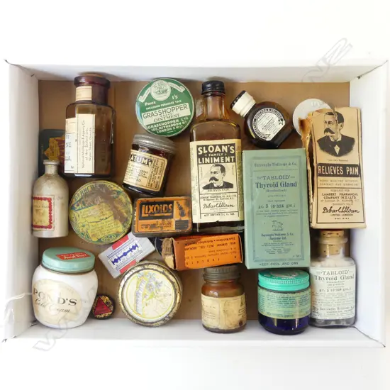 VINTAGE PHARMACEUTICAL BOTTLES & TINS SLOAN’S LINIMENT ETC