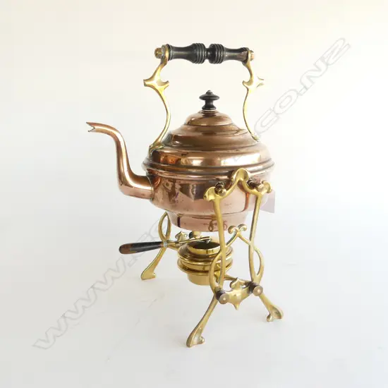 ANTIQUE COPPER SPIRIT KETTLE ON BRASS STAND H300MM