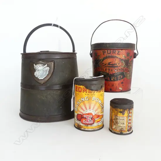 TWO ANTIQUE LARD TINS AND TWO EDMONDS BAKING POWDER TINS