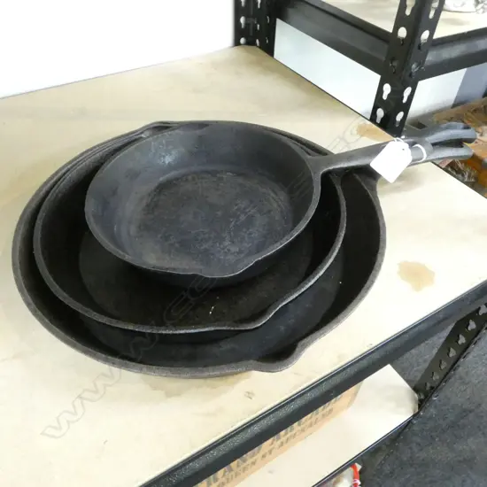 3 CAST IRON FRY PANS LARGEST 295mm dia