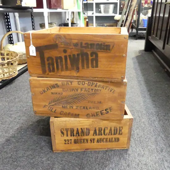 3 STENCILLED ADVERTISING BOXES