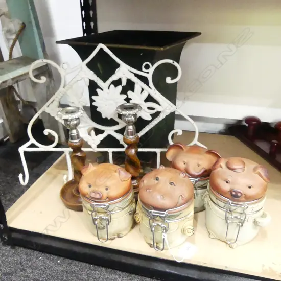 4 POTTERY ANIMAL JARS, COAT HOOK W.450mm, JARDINIERE H.325mm PR BARLEY TWIST CANDLESTICKS